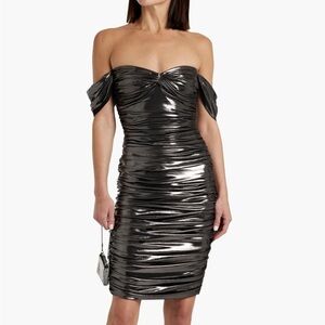 NWOT Norma Kamali Walter Off-The-Shoulder Ruched Stretch-Lamé XS Midi Dress